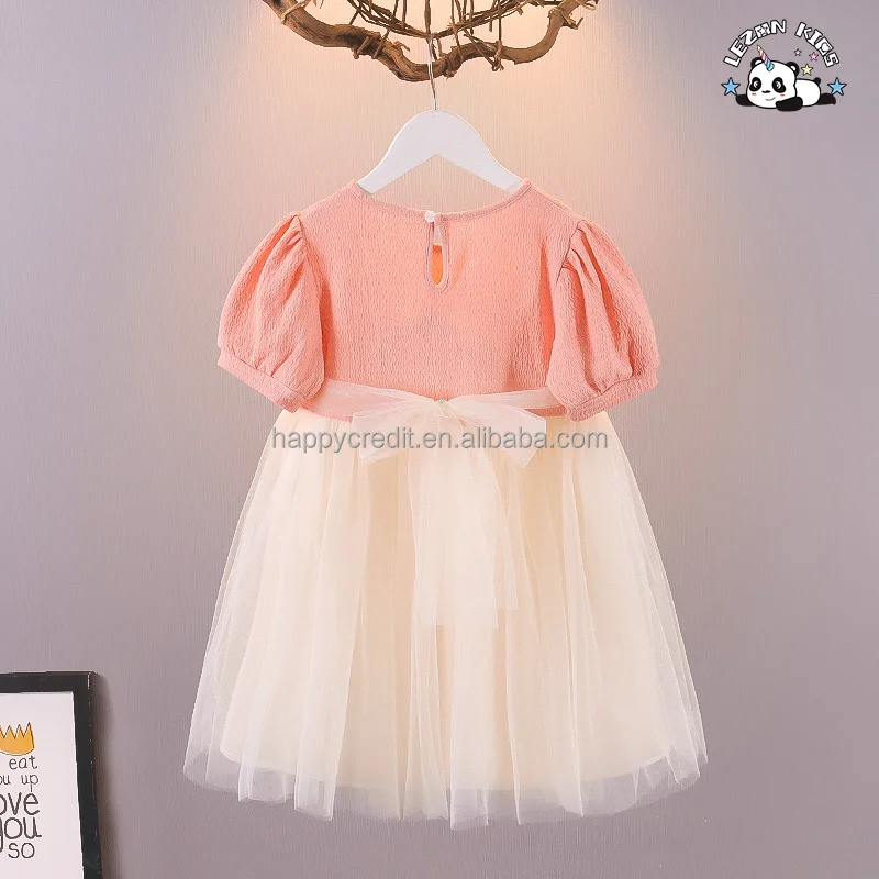 LEZONKIDS - Custom Bow Waistband Puff Sleeve Breathable Summer Tulle Boutique Dress Toddlers Girls' Casual Formal Sweet Long Party Dress